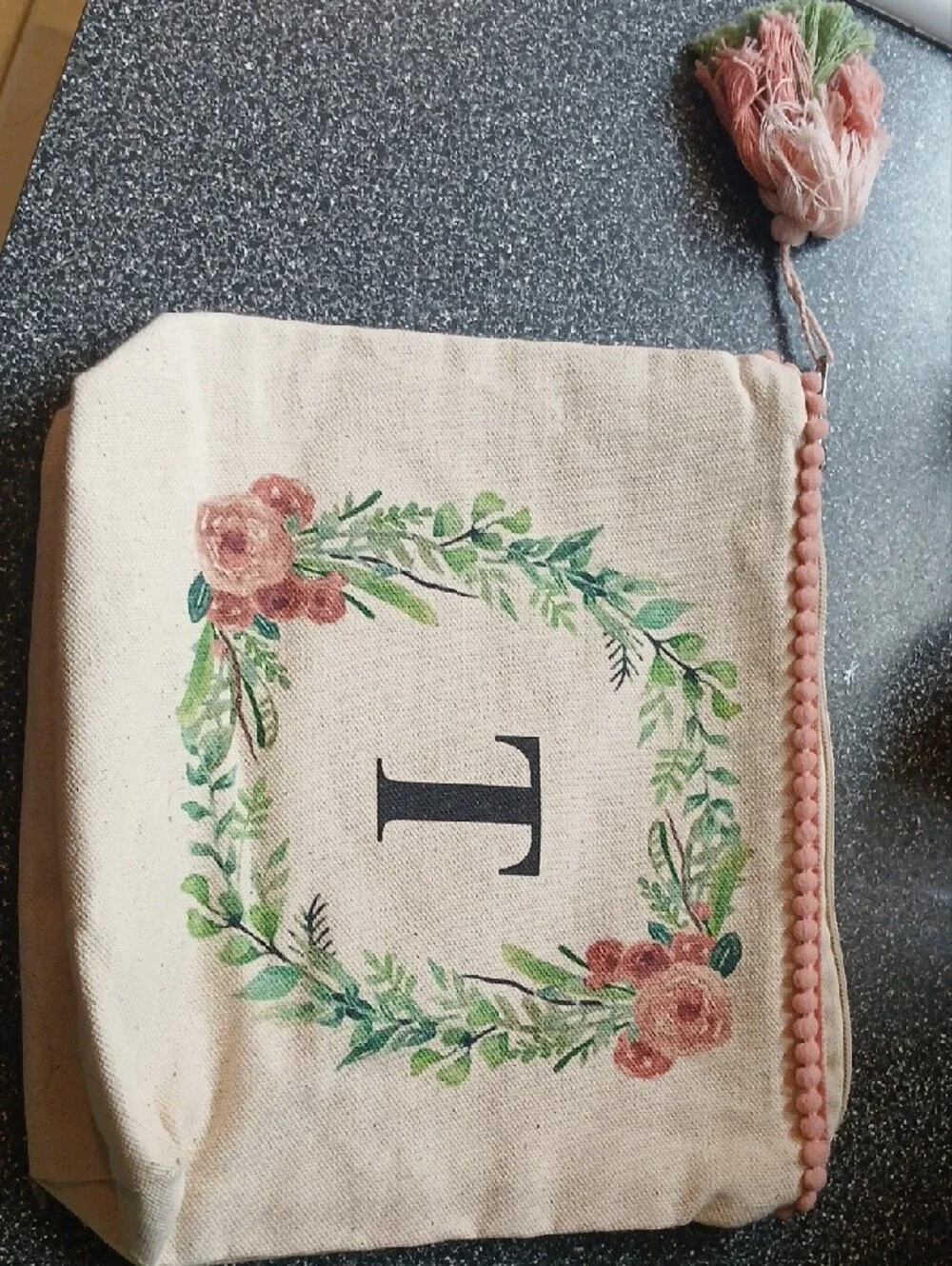 Floral Wreath Monogram Cosmetic Pouch - Letter T